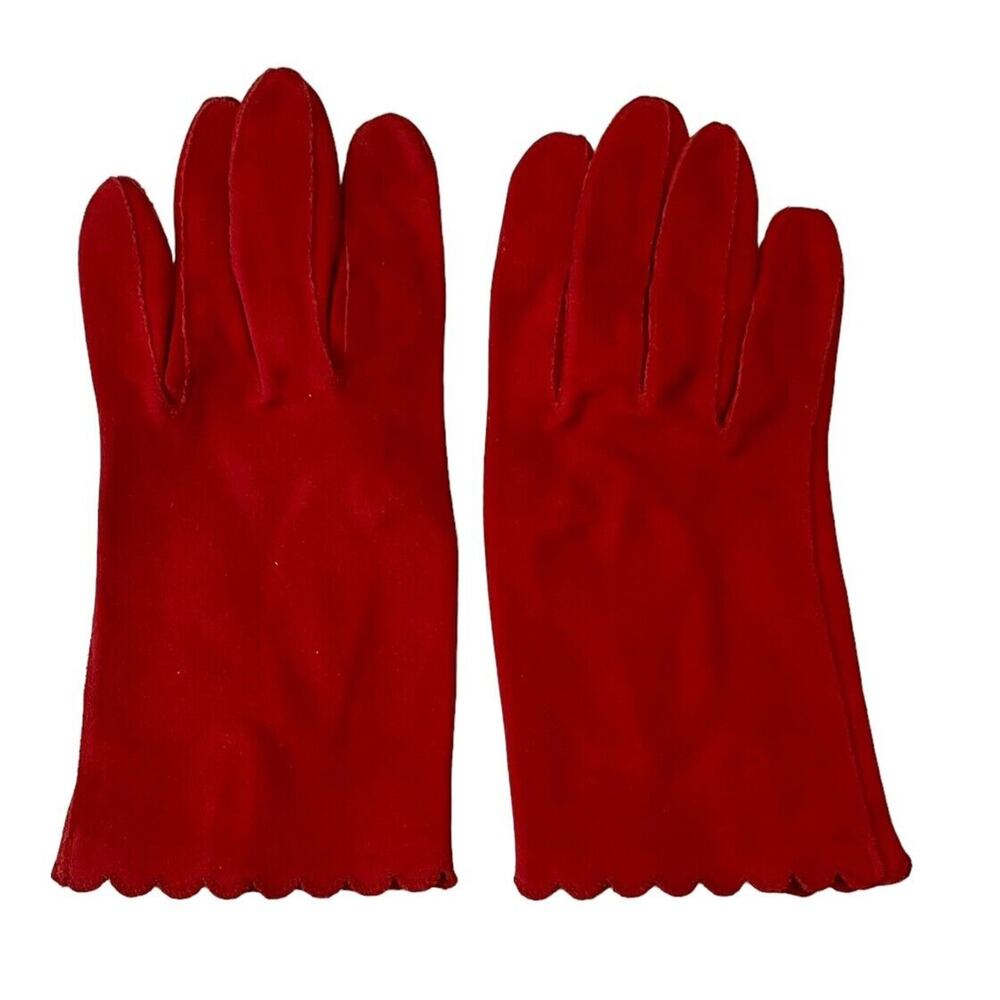 ARIS RED Suede GLOVES Washable Size 7 Made In Germany Vintage Scalloped Cuff - Picture 1 of 7